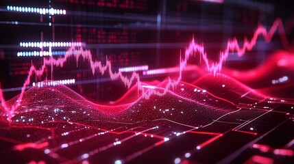 Poster - abstract digital data visualization with glowing red lines and graphs on a dark background.