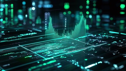 Poster - abstract digital data visualization with green and black tones, displaying statistical graphs and an