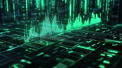 Poster - abstract digital data visualization with green glowing elements on a dark background, representing t
