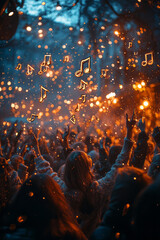 Poster - A group of people reaching up to grab floating music notes,