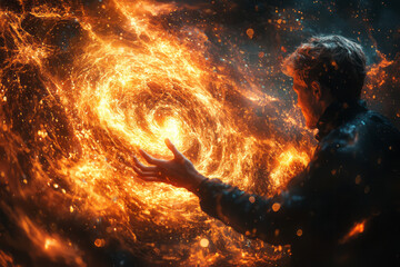 Poster - A man reaching into the air, grabbing a swirling sound wave,