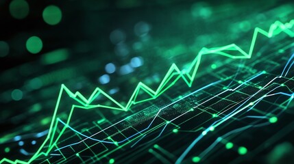 Abstract digital data visualization with green lines illustrating growth trends on a dark background.