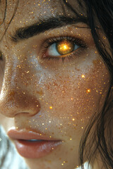 Poster - A womanâ€™s eyes glowing like twin suns, with tiny planets orbiting around her pupils,