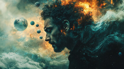 Poster - A cosmic portrait of a man with planets and moons orbiting around his head,