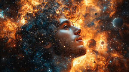 Poster - A cosmic portrait of a man with planets and moons orbiting around his head,