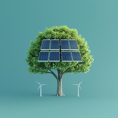 Wall Mural - Green Energy Concept with Tree, Solar Panels and Wind Turbines.