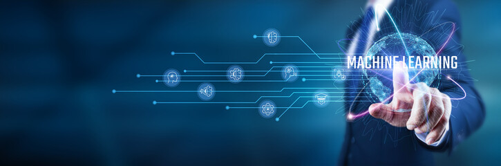 Poster - businessman touch on various machine learning applications, to improve operational efficiency, enhan