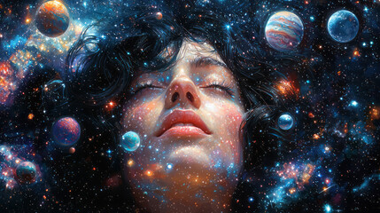 Poster - A personâ€™s face surrounded by floating planets and stars,