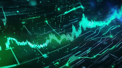 Poster - abstract digital data visualization with green waves and lines representing information and trends.