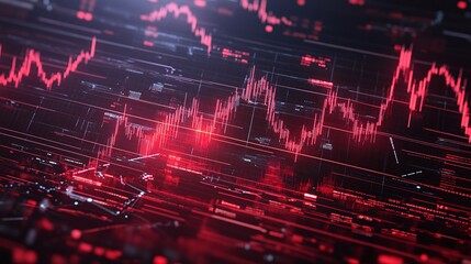 Poster - abstract digital data visualization with red and black graphics, representing graphs and fluctuation