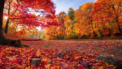 Aufkleber - Serene Autumn Woodland Landscape with Vibrant Red and Orange Foliage Illuminated by Soft Morning Sunbeams, Capturing the Tranquility and Warmth of a Crisp Fall Day in a Peaceful Forest Valley