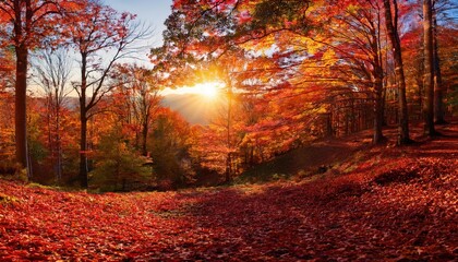 Aufkleber - Serene Autumn Woodland Landscape with Vibrant Red and Orange Foliage Illuminated by Soft Morning Sunbeams, Capturing the Tranquility and Warmth of a Crisp Fall Day in a Peaceful Forest Valley