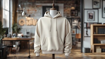 Wall Mural - A men's casual hoodie with a drawstring hood and kangaroo pocket, in a soft neutral tone, displayed on a mannequin in a modern mockup 