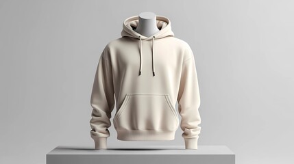 Wall Mural - A men's casual hoodie with a drawstring hood and kangaroo pocket, in a soft neutral tone, displayed on a mannequin in a modern mockup with a white background