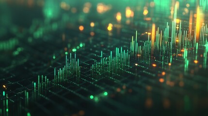 Abstract digital data visualization with vibrant green and orange colors, representing complex information.