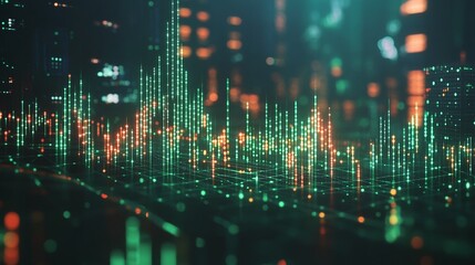 Poster - abstract digital data visualization with vibrant green and orange lights in a modern setting.