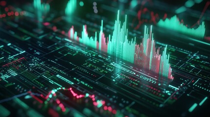 Poster - abstract digital data visualization with vibrant green and red graph lines on a dark background.