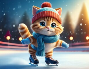 Sticker - Cute Cartoon Kitty Cat in a Winter Hat and Scarf Ice Skating on a Frozen Pond