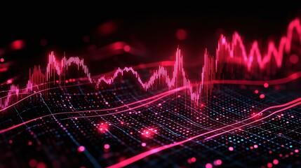 Poster - abstract digital data visualization with vibrant pink lines on a dark background, representing stati