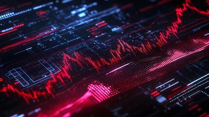 Poster - abstract digital data visualization with vibrant red and blue graph lines on a dark background.