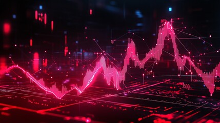 Poster - abstract digital data visualization with vibrant red graphs and network connections on a dark backgr