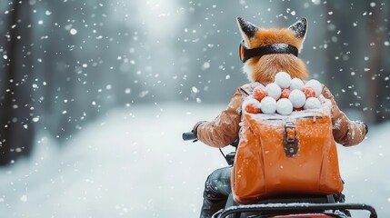 Wall Mural - A fox wearing goggles driving a snowmobile with a backpack full of snowballs, playful adventure, animal fun