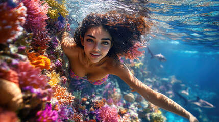 Beneath the surface, a diver explores colorful coral formations and interacts with marine life, experiencing the underwater ecosystem