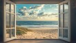 © LoLArt - A stunning view of sandy beach and ocean waves from an open window with clouds in the sky.