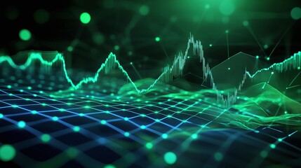 Poster - abstract digital financial chart with green glowing lines on a grid background.