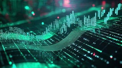 Poster - abstract digital financial data representation with green lines and graphs on a dark background.