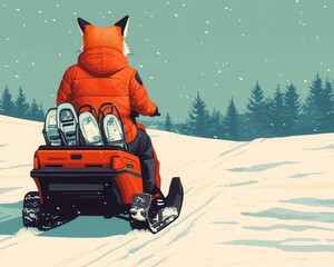 Wall Mural - A fox riding a snowmobile pulling a sled full of snowshoes, forest guide, prepared for any terrain