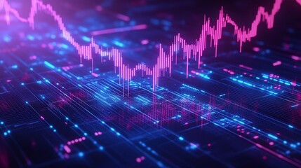 Poster - abstract digital financial data visualization with bright pink and blue colors and flowing lines rep