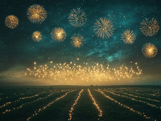 Intricate patterns of Diwali fireworks in the night sky above a tranquil open field