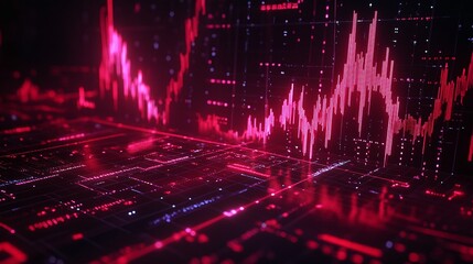 Poster - abstract digital financial data visualization with vibrant red graphics and fluctuating charts on a 