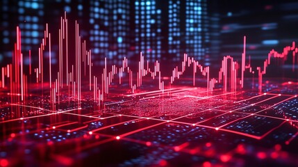 Poster - abstract digital financial data visualization with vibrant red graphics over a blue technology backg