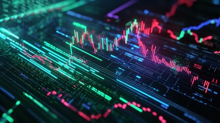 Poster - abstract digital financial graph, showcasing data trends with vibrant lines and colors, ideal for te