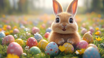 Wall Mural - In a vibrant meadow filled with colorful eggs and blooming flowers, a cute bunny sits happily, celebrating the joy of Easter in the warm sunlight