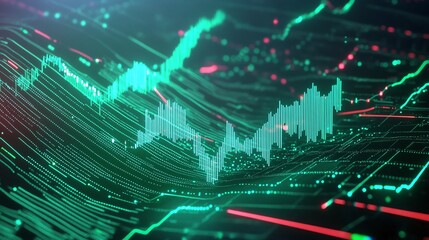 Poster - abstract digital financial graph with animated data visualization in green and red tones.