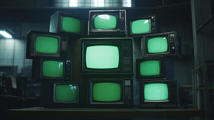 Poster - 3d rendered set of old tv monitors in old room vintage tvs with green screen footage picture chroma key effect old televisions blue neon lighting retrospect composition graphic multimedia design