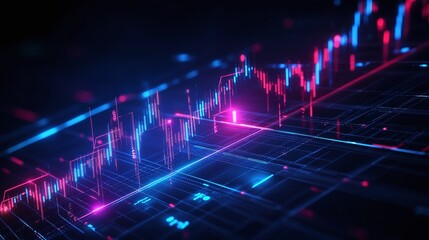 Poster - abstract digital financial market graph with glowing lines and colorful data points.