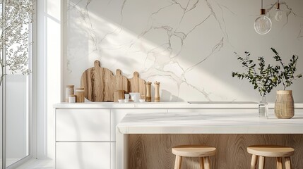 Wall Mural - modern kitchen interior with a marble countertop and wooden accessories on the counter, white cabinets, a window, and a light wood stool. Scandinavian style home decor