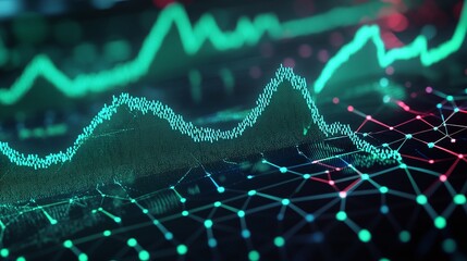 Poster - Abstract digital graph representing data analysis and trends, with vibrant green and blue lines on a dark background.