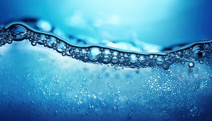 Poster - Close-Up of Glowing Soap Bubbles on Water Surface Against Vibrant Blue Background, Capturing the Ethereal Beauty and Transparency of Foam Forming an Iridescent Layer