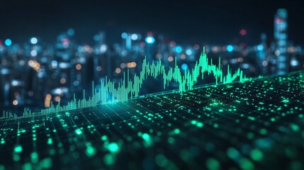 Poster - abstract digital graph representing data trends over a city skyline, illuminated with green and blue
