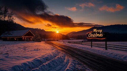 Christmas Cabin Sunset Snowy Road Landscape