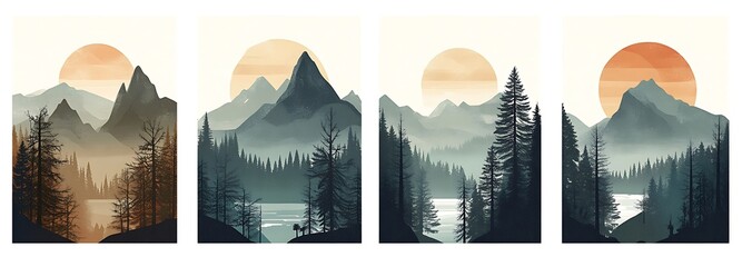 4-panel set of simple vector landscape illustrations