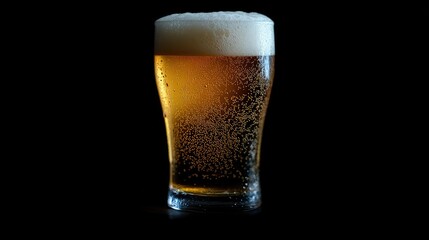 A glass of chilled beer with a thick foam head, set against a dark black background for a contrast of colors.