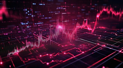 Poster - abstract digital graph with pink and red tones illustrating data analysis and financial trends on a 