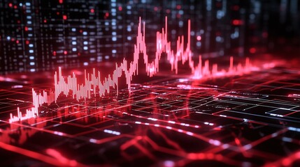 Poster - abstract digital graph with red peaks illustrating data trends against a dark background.