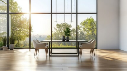 Modern Dining Room With Large Windows And Green View